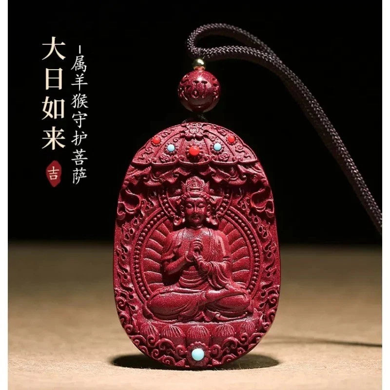 Natural Cinnabar Handcarved Twelve Zodiac Buddha Statue Pendant Amulet Necklace 07FC0E-D4 - KOEEK