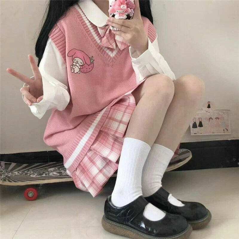 My Melody Cinnamoroll Kuromi Kawaii Cotton Sweater Knit Vest Girl's Uniform Tops 07FC0E-D4 - KOEEK