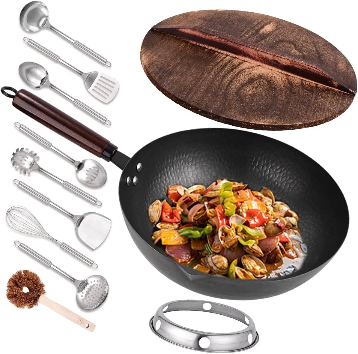 12.8" Carbon Steel Wok-11Pcs Woks & Stir Fry Pans Wok Pan with Lid 07FC0E-D4 - KOEEK