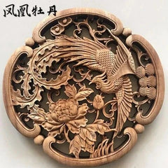 Dongyang Phoenix Peony Wood Carving Wall Hanging Chinese Restaurant Decor 27cm 07FC0E-D4 - KOEEK