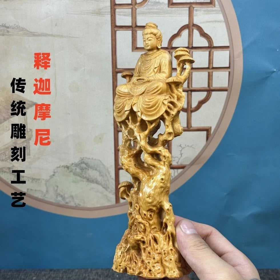 Cai Bai Wood Carved Sitting Buddha Figurine Home Décor Handicraft Wooden Statue 07FC0E-D4 - KOEEK