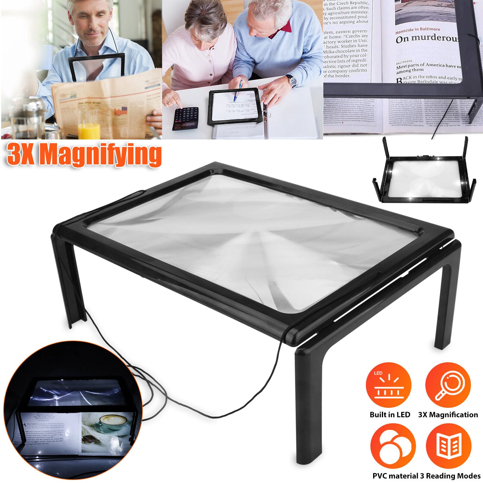 A4 Full Page 3x Magnifier LED Light Book Reading Aid Lens Large Magnifying Glass koeek - KOEEK