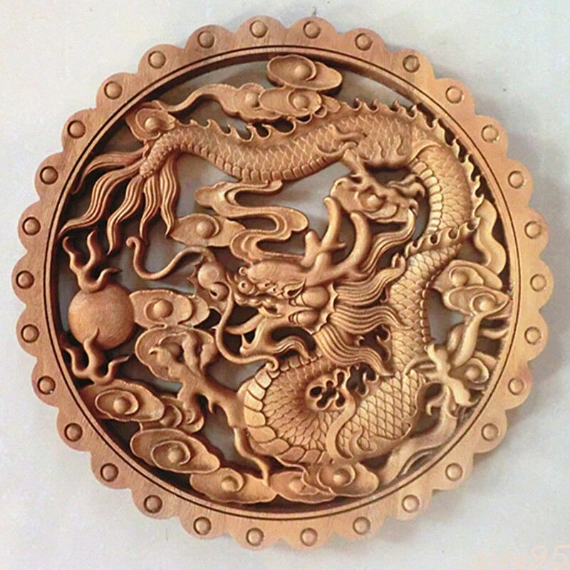 Wood Carving Dragon Art Wall Decoration Hand Carved Circular Decoration 07FC0E-D4 - KOEEK