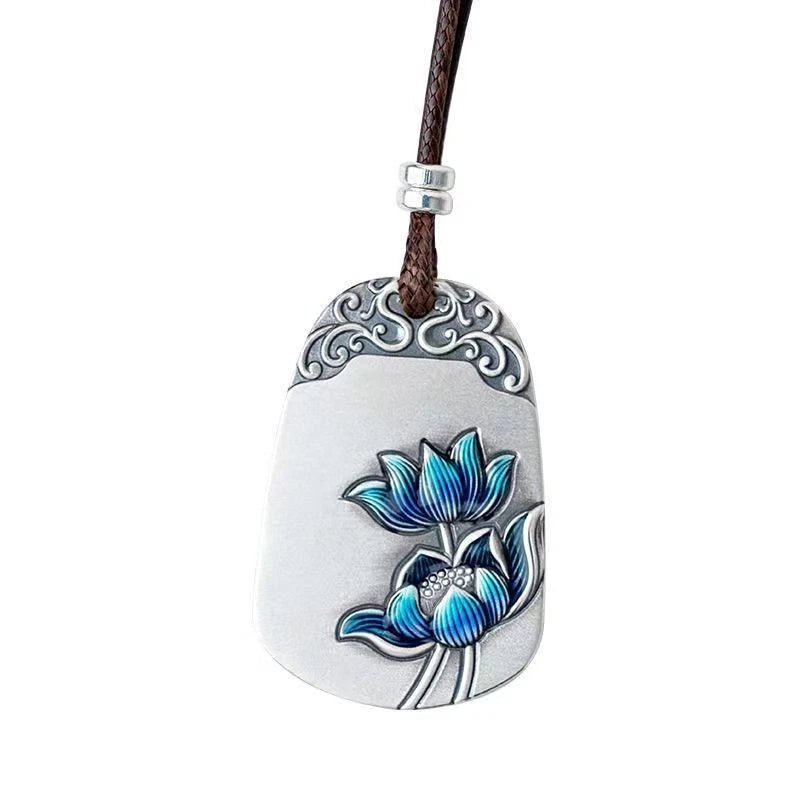 Silver Plated Lotus Pendant Necklace Unisex Cloisonne Enamel Minimalist Charm 07FC0E-D4 - KOEEK