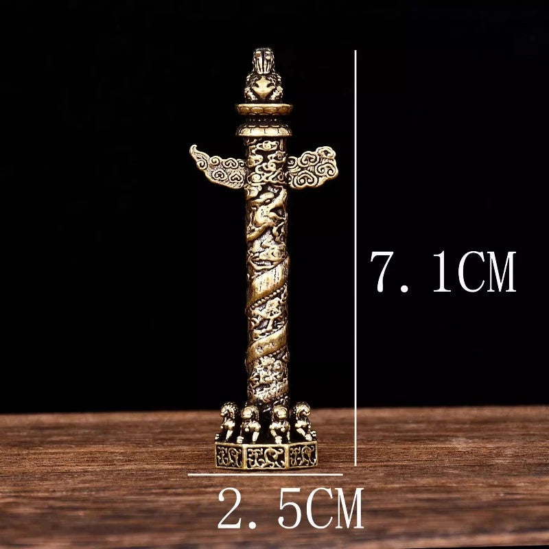7.1cm Chinese Brass Zhonghua Column Ornament Carve Dragon Household Handicraft 07FC0E-D4 - KOEEK