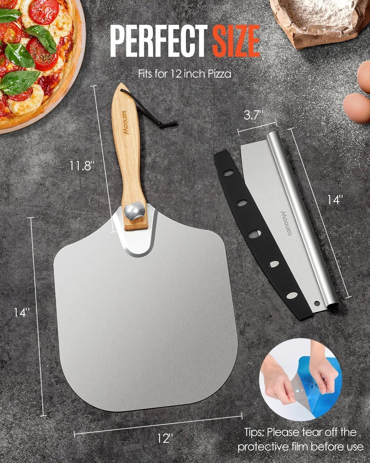 Pizza Peel Aluminum Pizza Spatula, 12 inch Metal Pizza Paddle(12"x 14") 07FC0E-D4 - KOEEK