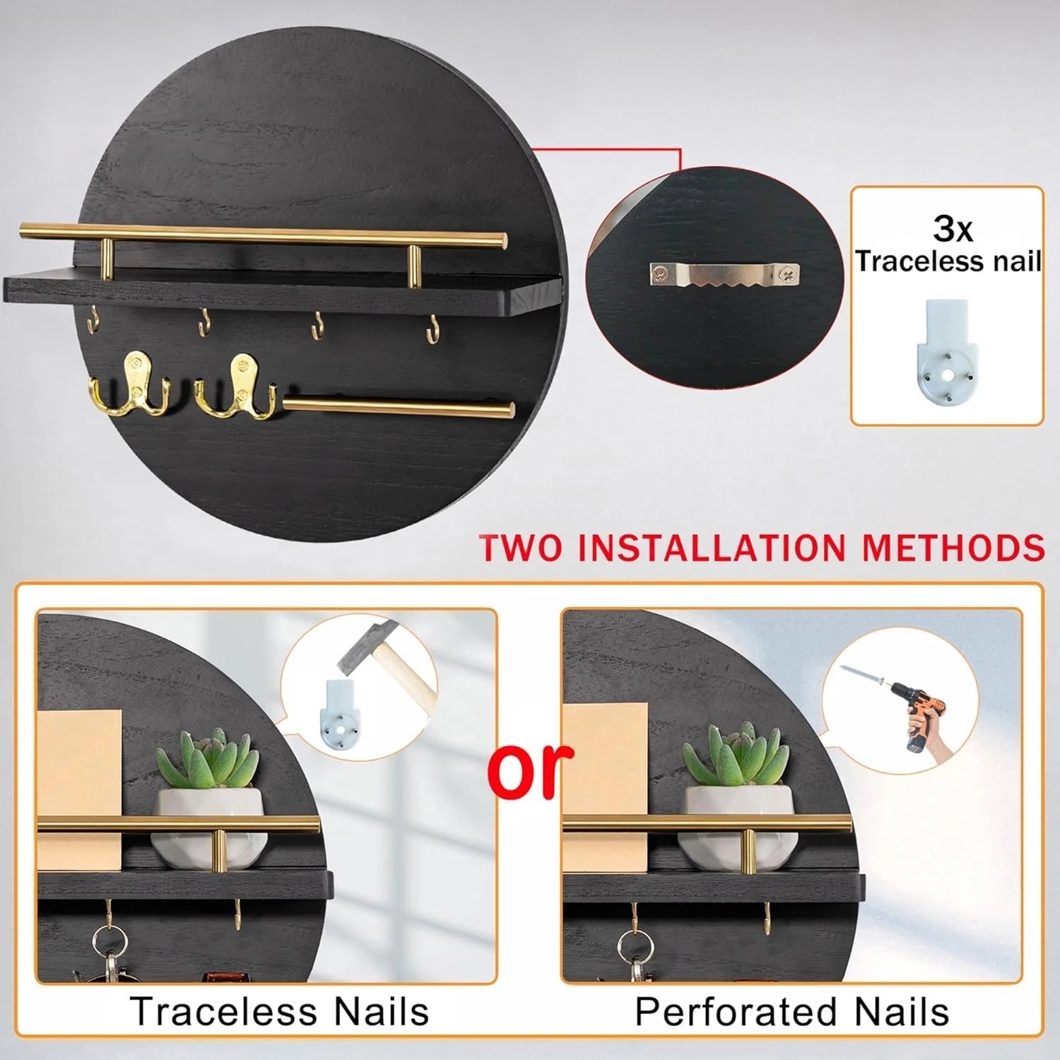 Wall-mounted key rack with shelves and hooks, mail organizer wall rack 07FC0E-D4 - KOEEK