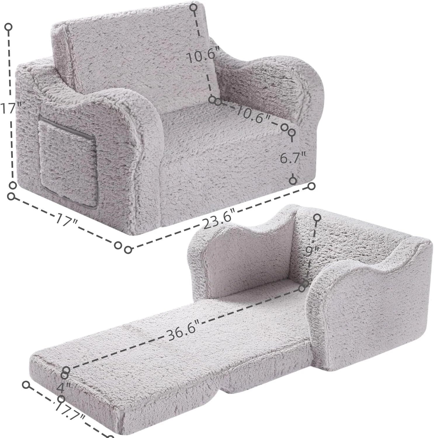Kids Chairs for Toddler, 2-in-1 Toddler Soft Sherpa Couch Fold Out, Convertible 07FC0E-D4 - KOEEK