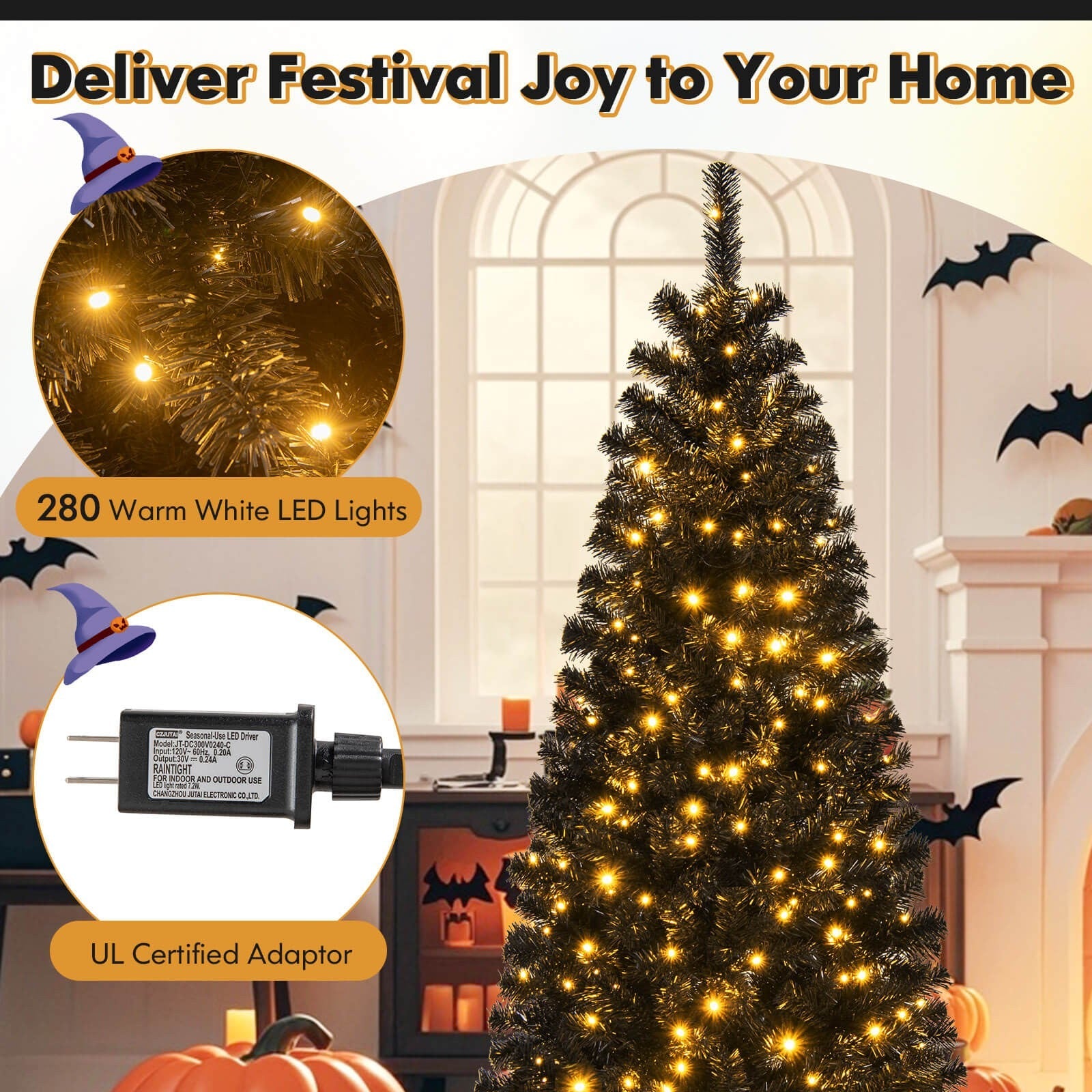 Costway 6' Pre-lit PVC Christmas Halloween Pencil Tree Black w/ 280 LED Lights COSTWAY - KOEEK