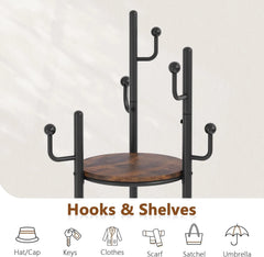 Coat Rack Freestanding,Round Coat Rack with 3 Wooden Shelves and 1 Fabric Basket