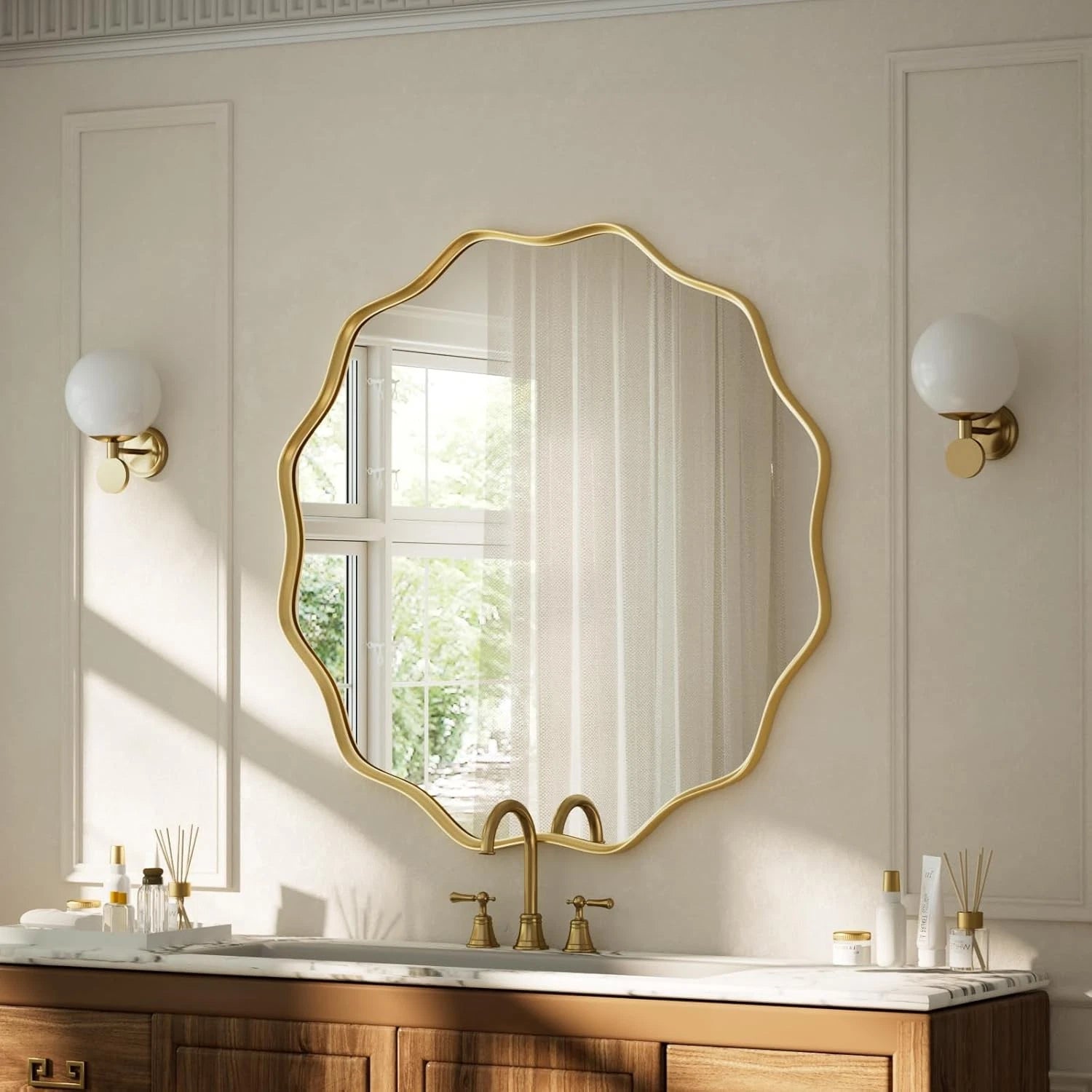 Gold Scalloped Circle Mirror,20" Wavy Edge Round Wall Mirror with Tempered Glass 07FC0E-D4 - KOEEK