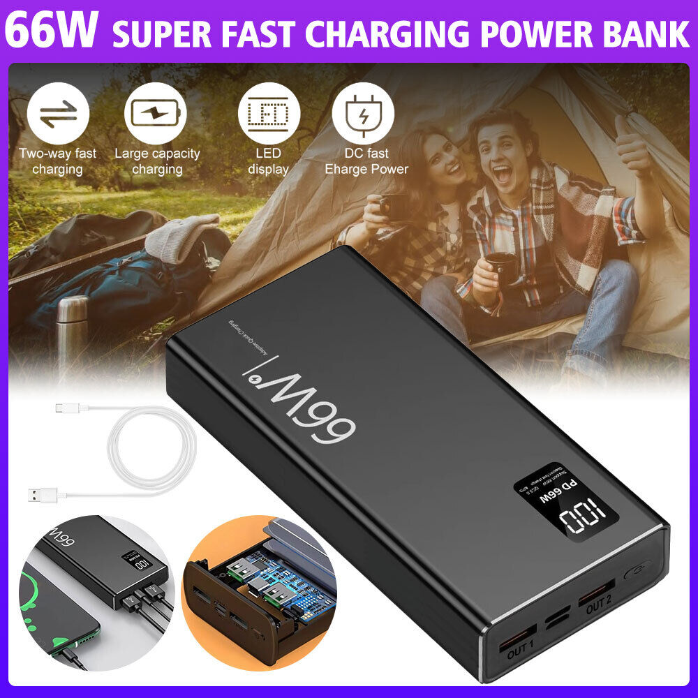 ny 1-2X 30000mAh 66W Power Bank bærbar PD 20W hurtiglader 2USB eksternt batteri