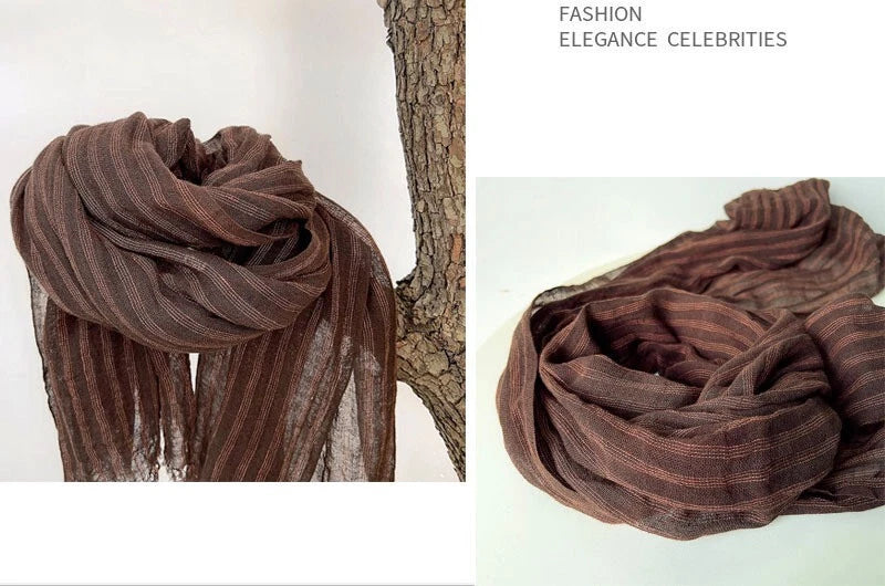 Mens Flax Linen Cotton Striped Breathable Brown Scarf Unisex Shawl Neckerchief 07FC0E-D4 - KOEEK