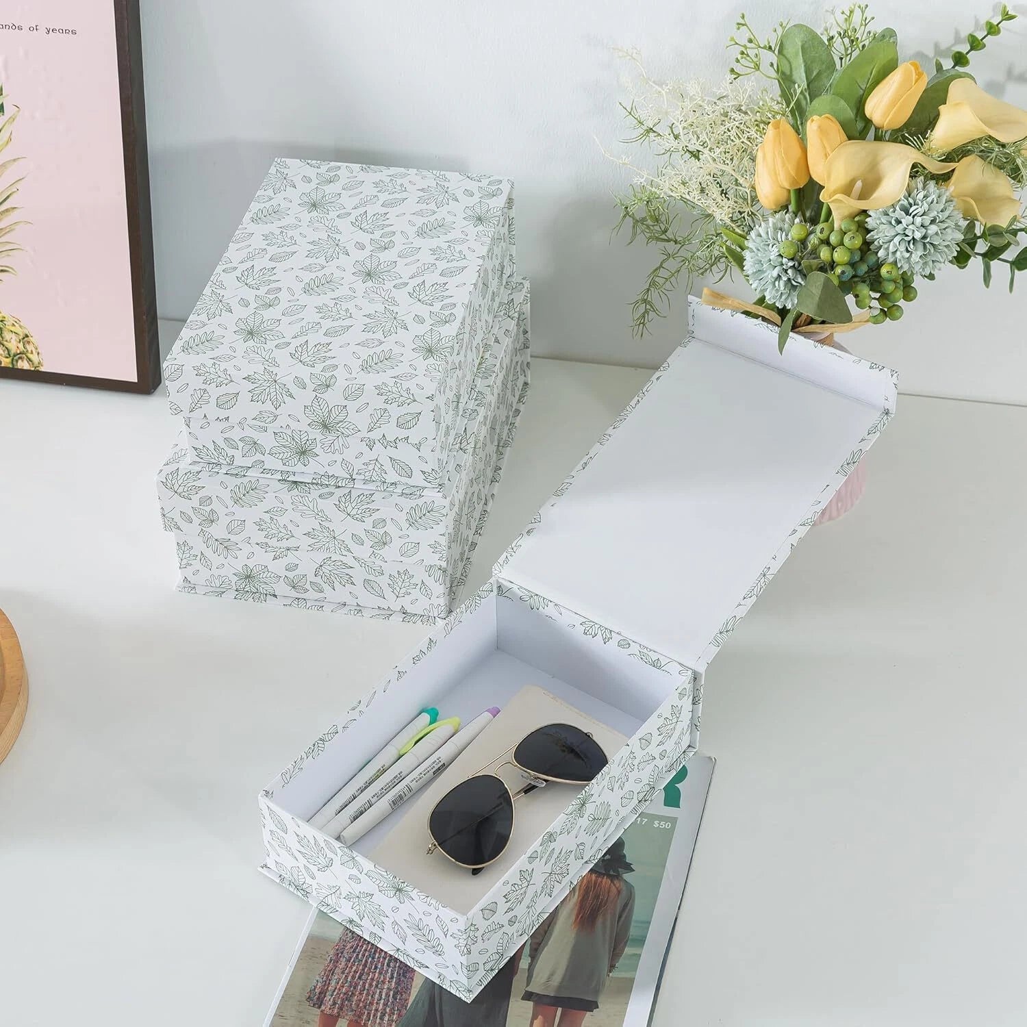 Decorative Cardboard Storage Boxes, Set of 3 Light Green Floral Pattern Keepsake 07FC0E-D4 - KOEEK