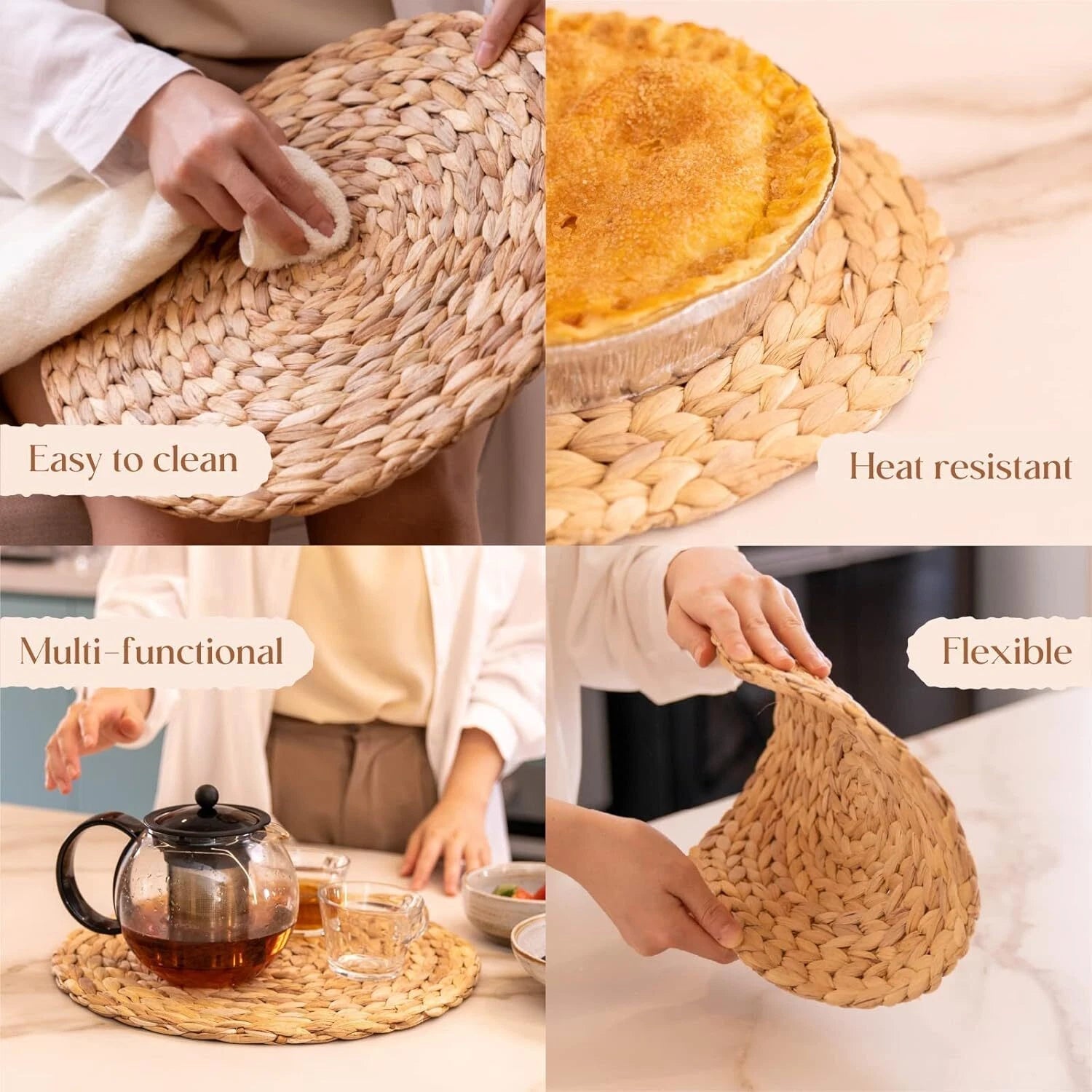 6 Pack, Round Woven Placemats, Natural Hyacinth Wicker Placemats 07FC0E-D4 - KOEEK