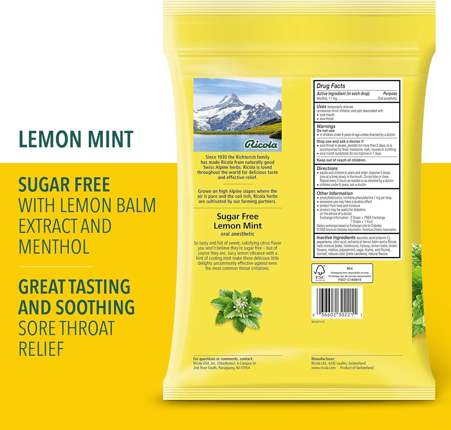 new Ricola Sugar Lemon Mint Herbal Cough Suppressant Throat Drops, 105ct Bag RICOLA - KOEEK