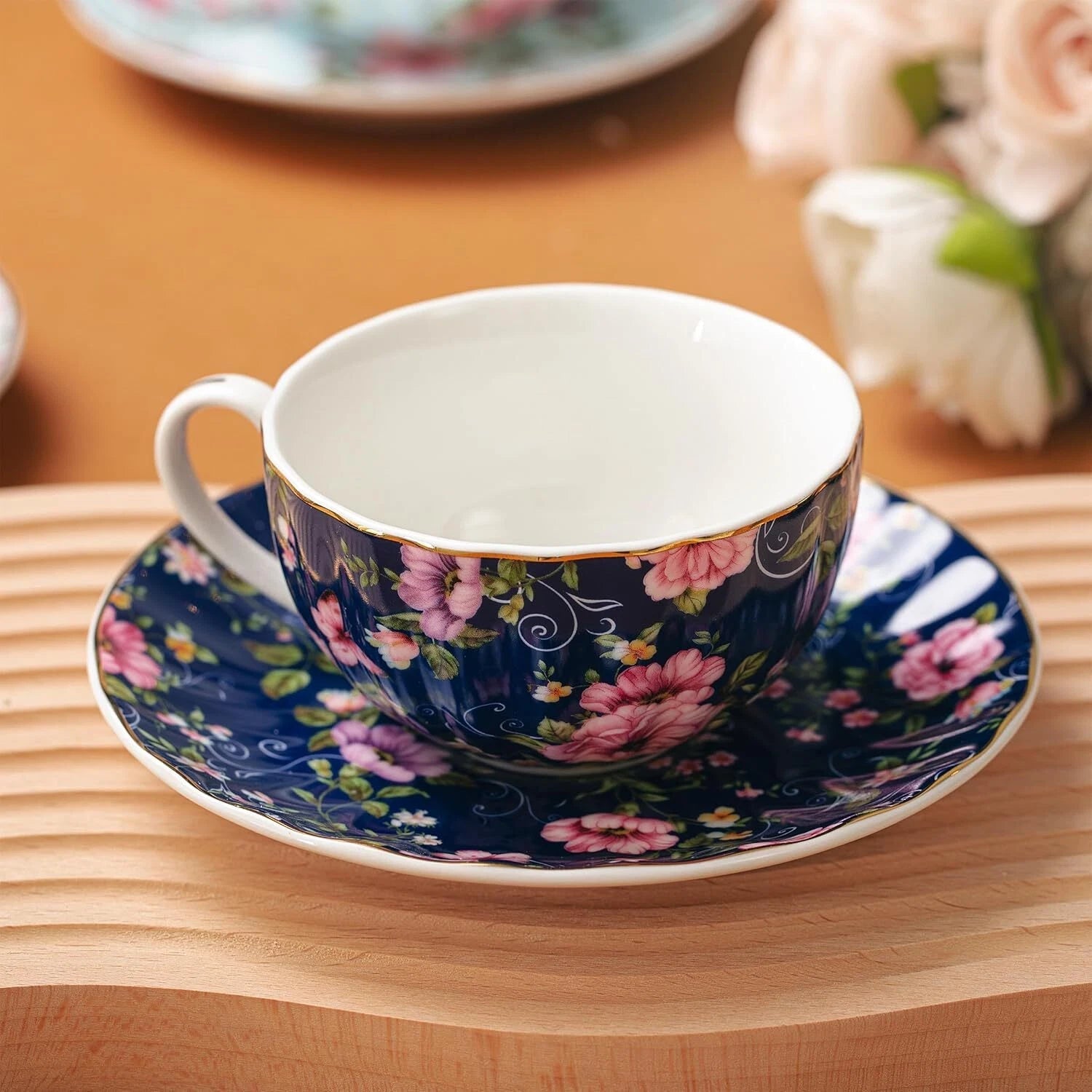 Teacup and Tea Rest, 7 oz, Teacup Set of 6, Teacup and Tea Rest Set 07FC0E-D4 - KOEEK
