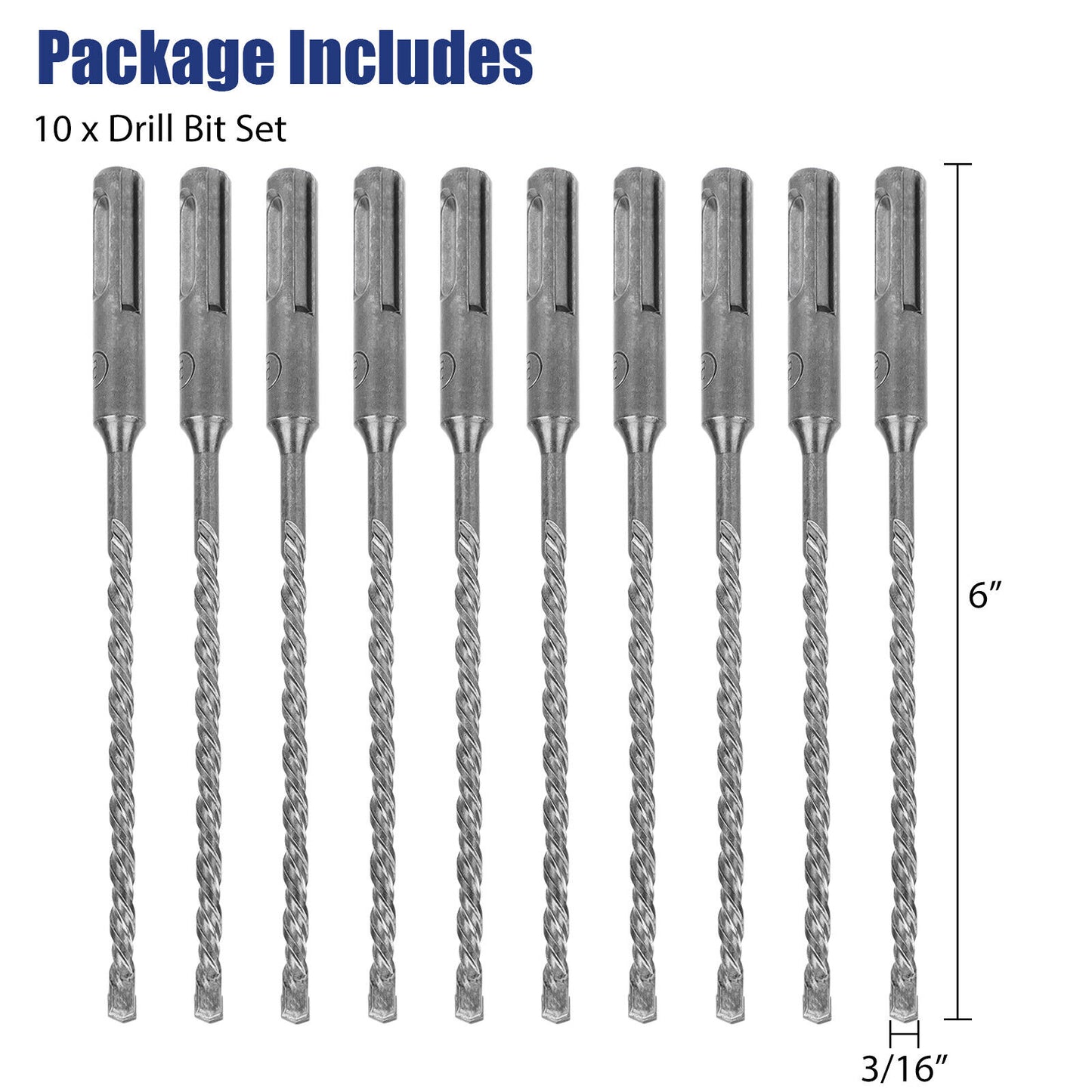 10-Pack SDS Plus 3/16" x 6" Rotary Hammer Drill Bits for Masonry Concrete Brick