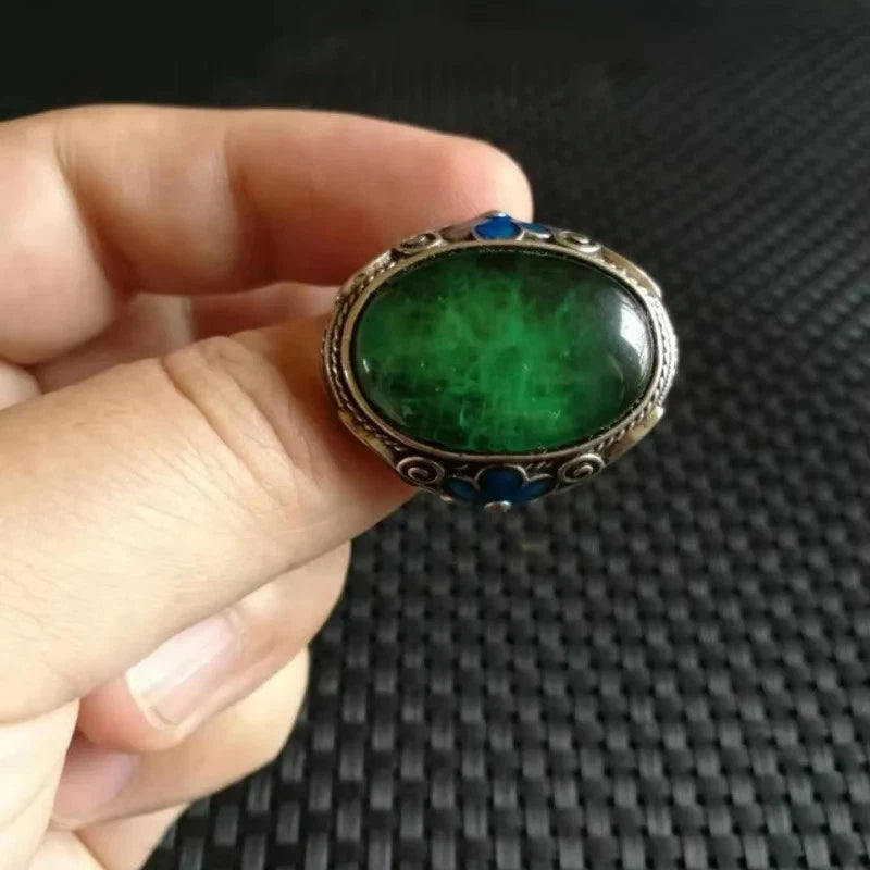 Chinese Vintage Tibetan Silver Green Zircon Adjustable Amulet Rings Collection 07FC0E-D4 - KOEEK