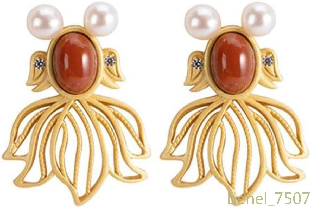Natural Nan Hong Goldfish Earrings Fengshui Jade Earring 07FC0E-D4 - KOEEK