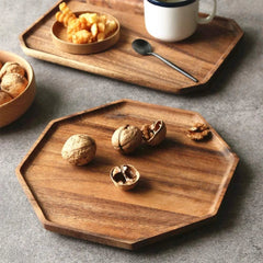 Set of 2 Acacia Wooden Trays Serving Platters Round Square Veggie Serving Tray 07FC0E-D4 - KOEEK