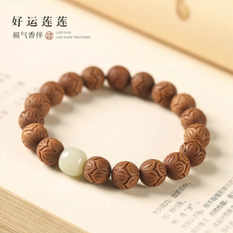 10mm  Lotus Wooden Bracelet Single Strand Artistic Men Women Accessory 07FC0E-D4 - KOEEK