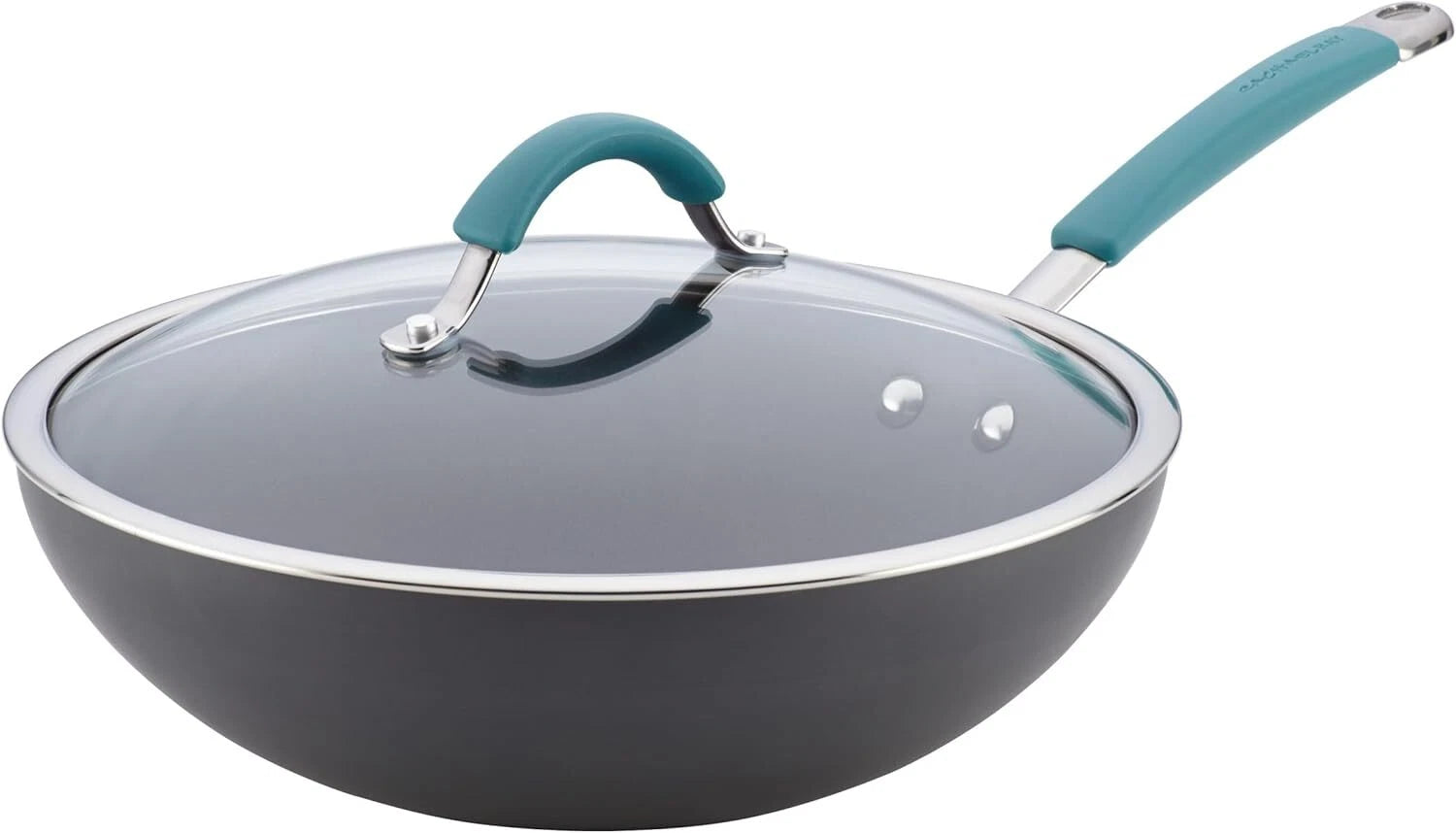 Hard Anodized Non-Stick Wok with Lid,11-Inch Wok with Lid,Gray with Blue Handles 07FC0E-D4 - KOEEK
