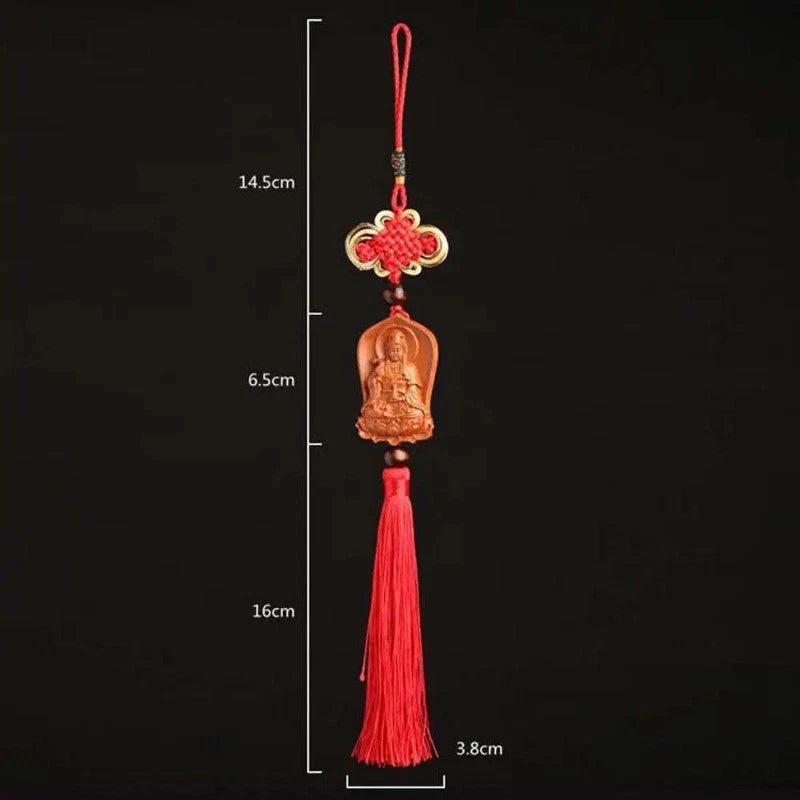 Peach Wood Handcarved Buddha Statue Tassel Amulet Pendant Guanyin Keychain 07FC0E-D4 - KOEEK