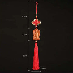 Peach Wood Handcarved Buddha Statue Tassel Amulet Pendant Guanyin Keychain 07FC0E-D4 - KOEEK