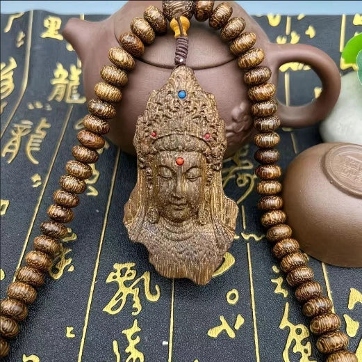 8mm*108 Natural Wood Prayer Beads Necklace KWAN-YIN Buddha Pendant Blessing 07FC0E-D4 - KOEEK