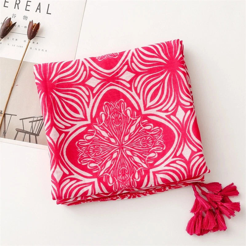 Womens Bright Pink Floral Scarf Tasseled Pashmina Neck Wrap Shawl Bandana 07FC0E-D4 - KOEEK