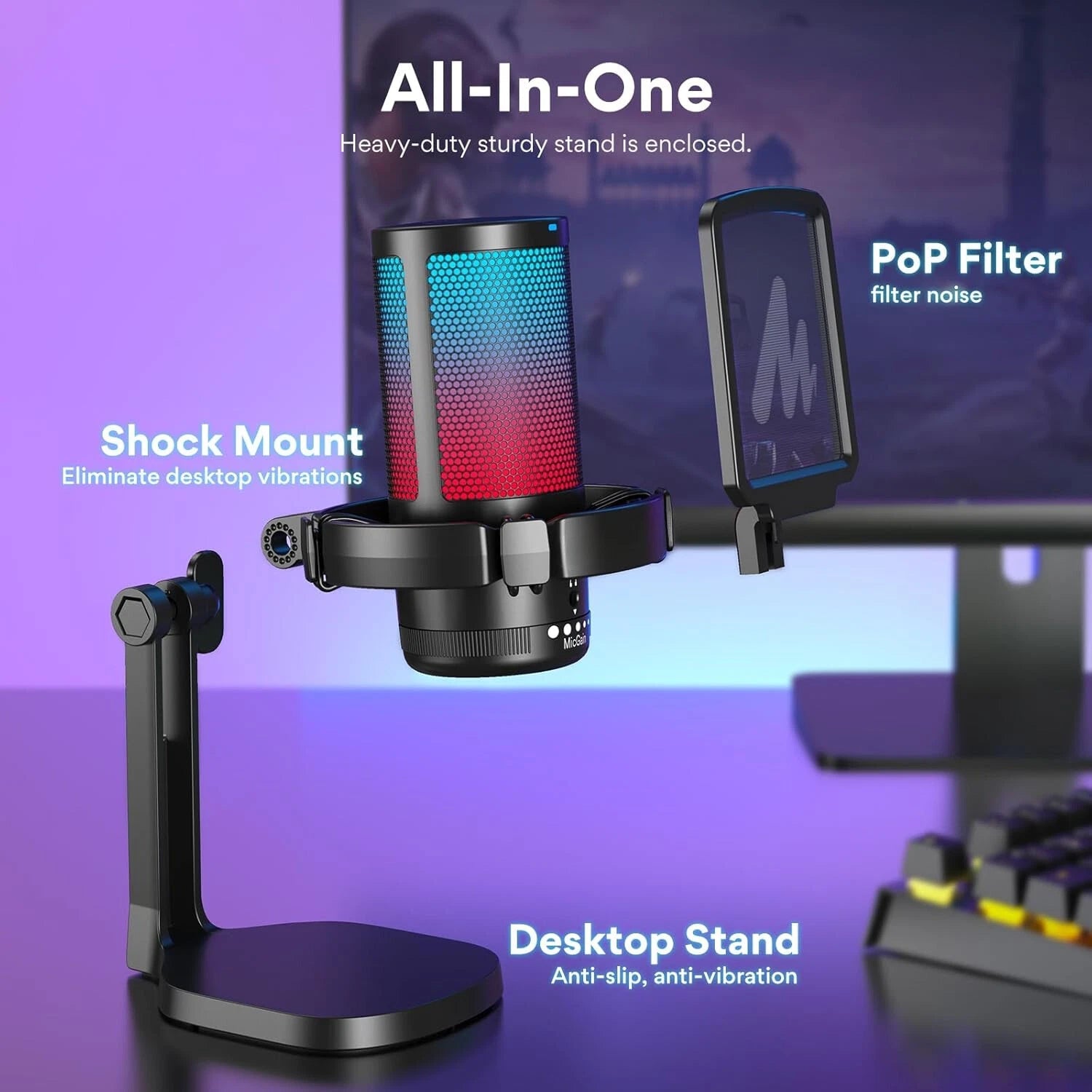 Computer Gaming Microphone with RGB Lights, Mute, Noise Canceling Microphone 07FC0E-D4 - KOEEK