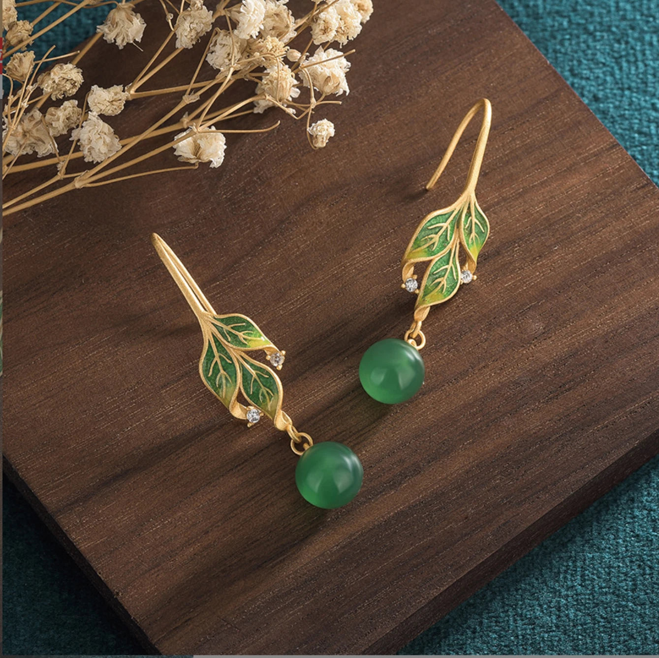 Green Jade Drop Dangle Earrings Boho Gemstone Leaf Design Hook 18K Gold Plated 07FC0E-D4 - KOEEK