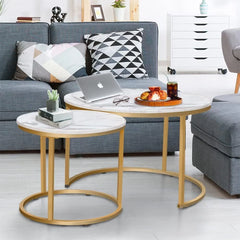 Coffee Table Gold Frame Round Marbled Wood Table, Minimalist Nightstand