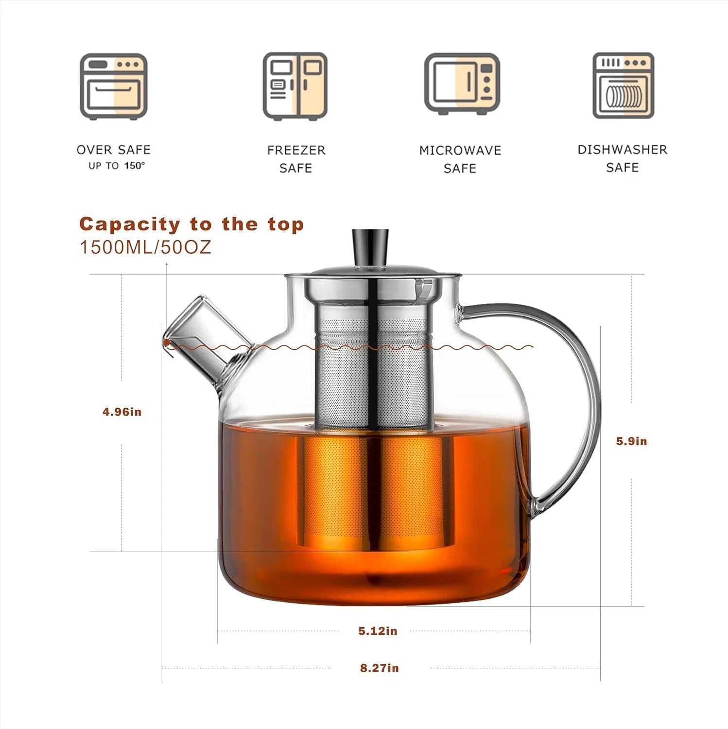 1500ml(50oz) Glass Teapot with Removable Infuser, Stovetop Safe Large Tea Pot 07FC0E-D4 - KOEEK