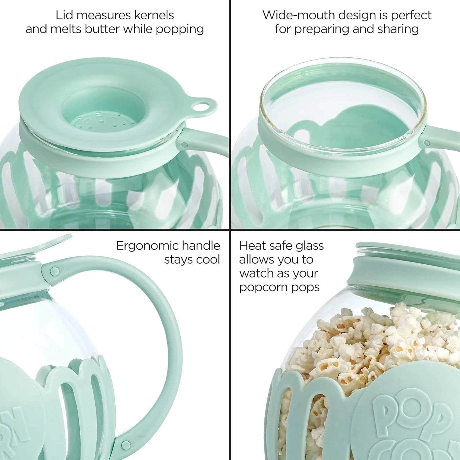 Microwave Popcorn Maker with Glass, 3-in-1 Lid, Melted Butter,3-Quart,Aqua Green 07FC0E-D4 - KOEEK