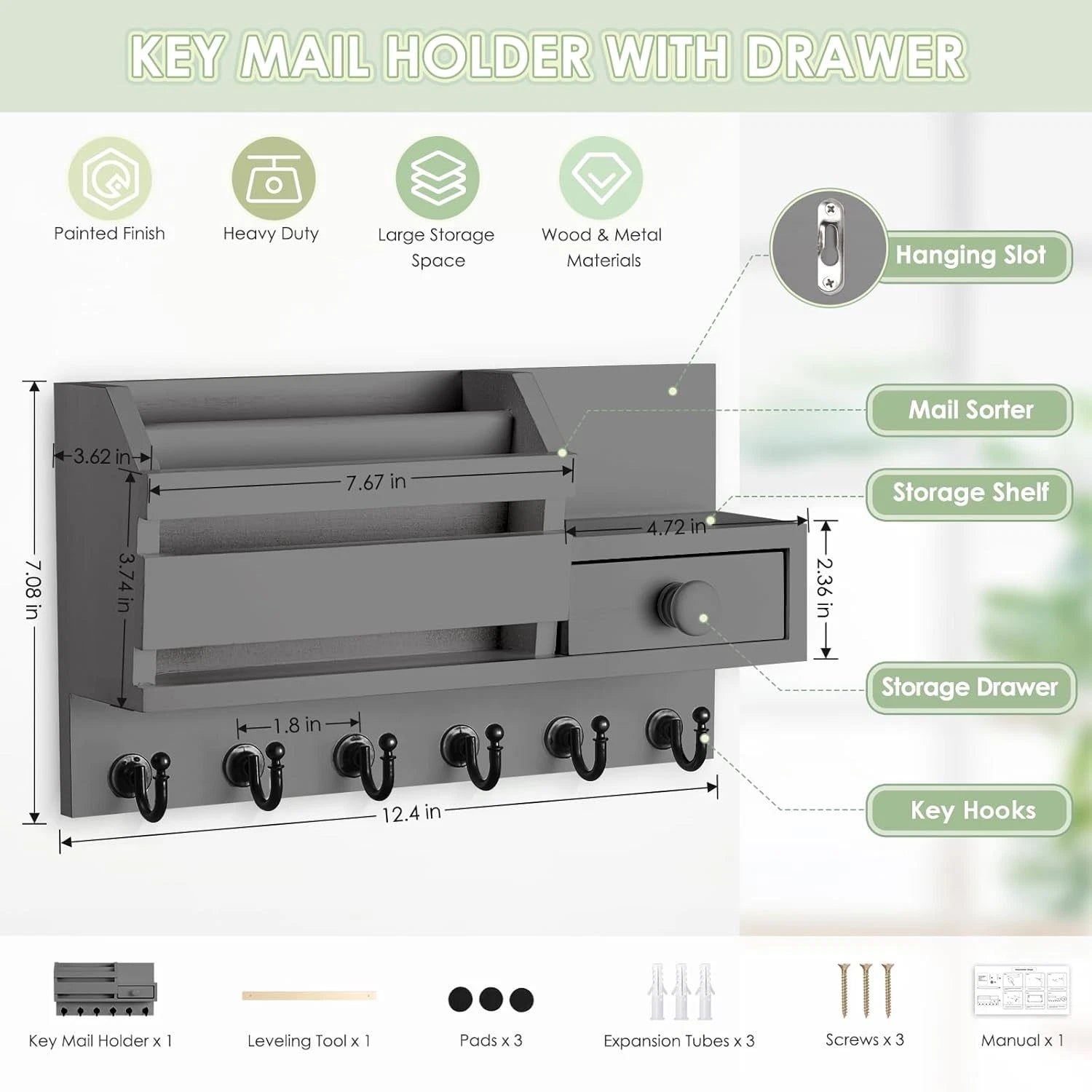 Wall-mounted key rack, wooden mail and key storage rack 07FC0E-D4 - KOEEK