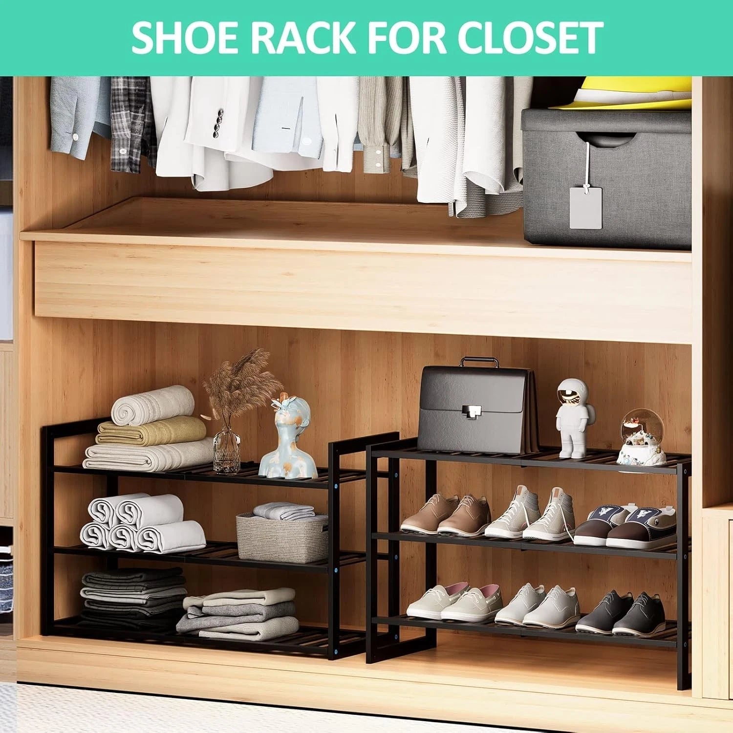 Bamboo shoe rack, stackable three-tier shoe rack, can store 9-12 pairs of shoes 07FC0E-D4 - KOEEK