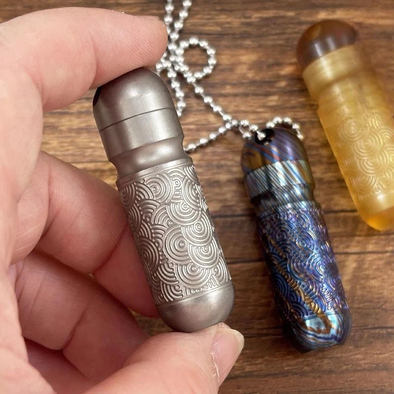 PEI Titanium Damascus Pill Holder Case Container Organizer Waterproof EDC Boxes 07FC0E-D4 - KOEEK
