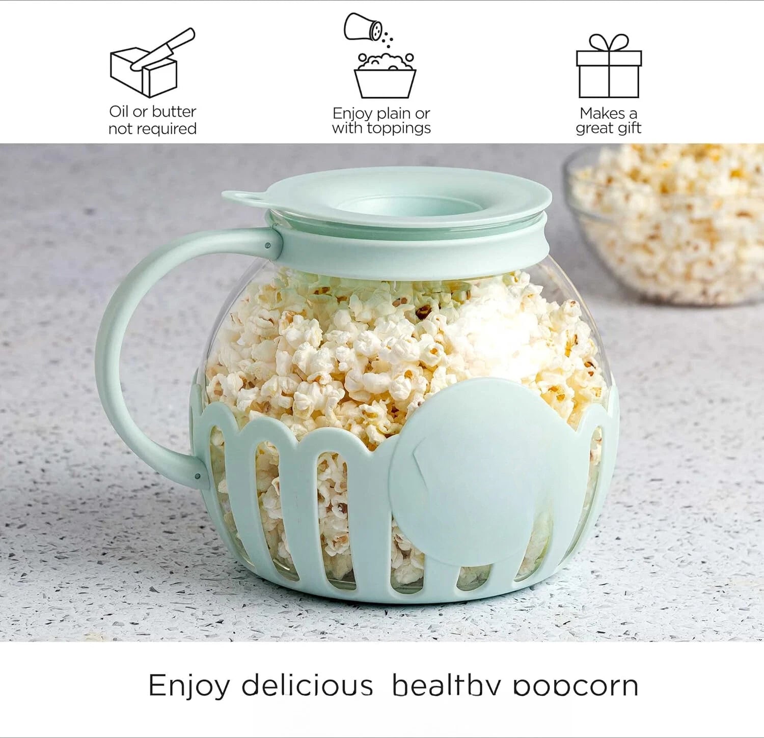 Microwave Popcorn Maker with Glass, 3-in-1 Lid, Melted Butter,3-Quart,Aqua Green 07FC0E-D4 - KOEEK