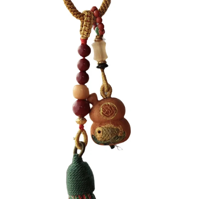 Peach Wood Handcarved Koi Gourd Keychain Buddha Bead Amulet Auspicious Pendant 07FC0E-D4 - KOEEK