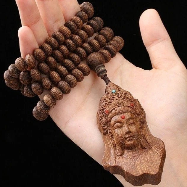 Nha Trang Agarwood Guanyin Pendant Necklace Natural Wood Bead Sweater Chain 07FC0E-D4 - KOEEK