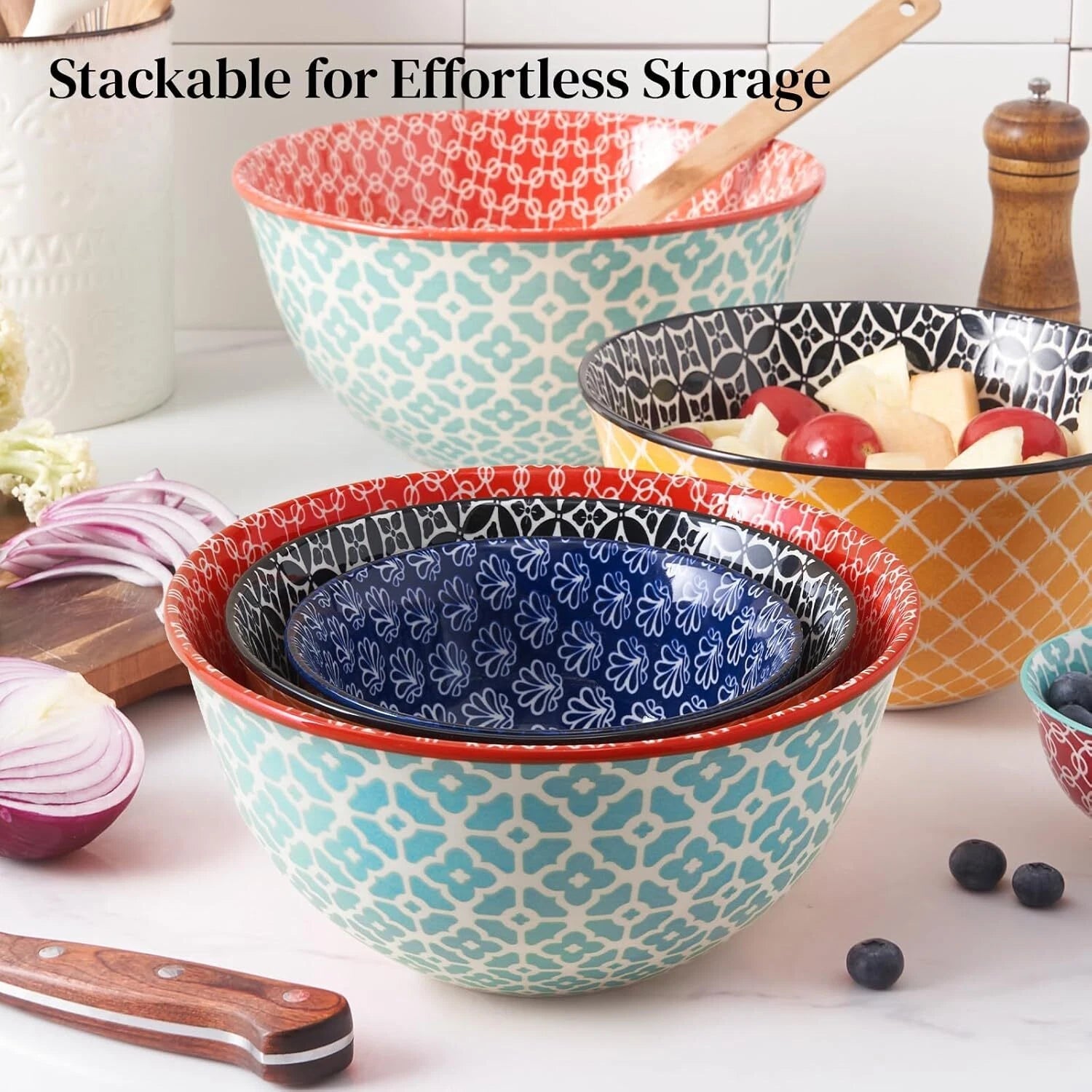 Mixing Bowls, Kitchen Ceramic Mixing Bowls, Bright Colors, Set of 3 07FC0E-D4 - KOEEK
