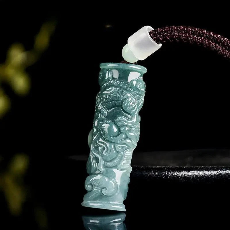 Exquisitely Natural Jadeite Handcarved Dragon Pillar Pendant Amulet Necklace 07FC0E-D4 - KOEEK