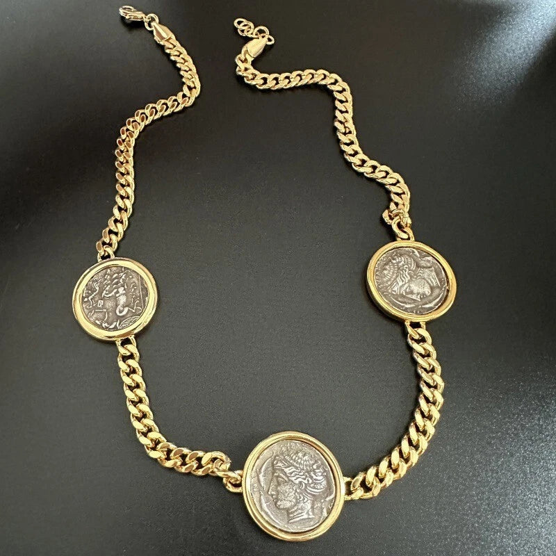Retro Coins Ancient Hunting Carriage/Ocean Goddess Vintage Necklace Thick Chain 07FC0E-D4 - KOEEK