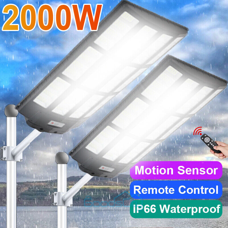 ny 2000W kommerciel Solar Street Flood Light Udendørs Dusk to Dawn vejlampe + stang