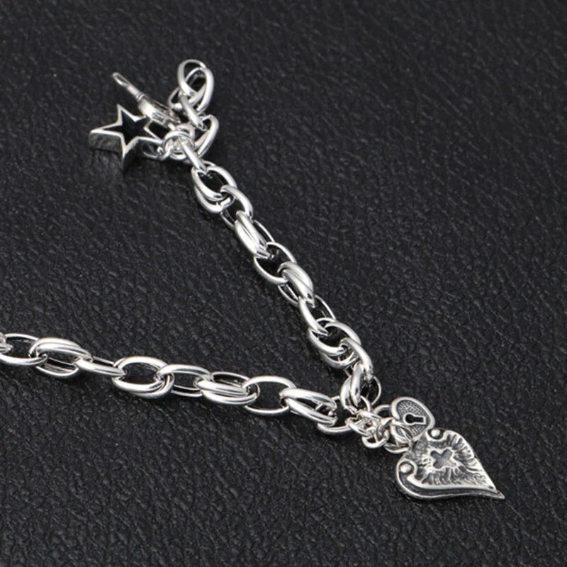 925 Sterling Silver Thick Chain Pendant Charm Bracelet Retro Unique Party Bangle 07FC0E-D4 - KOEEK