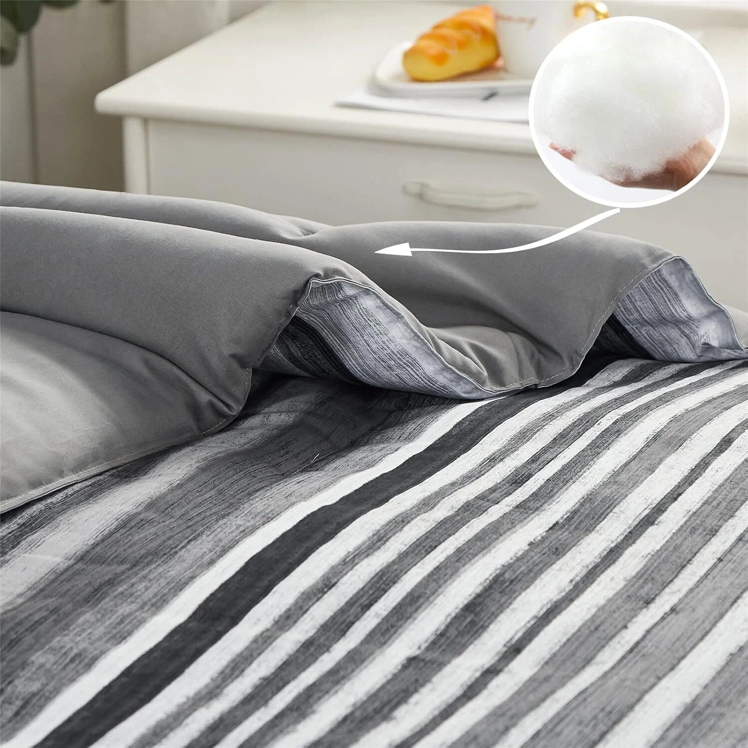 7-Piece Bagged Striped Queen Comforter Set, All Seasons (Gray, Queen) 07FC0E-D4 - KOEEK