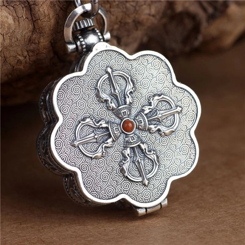 Lotus Eight Treasures Six Syllable Mantra Openable Amulet Box Ethnic Necklace 07FC0E-D4 - KOEEK