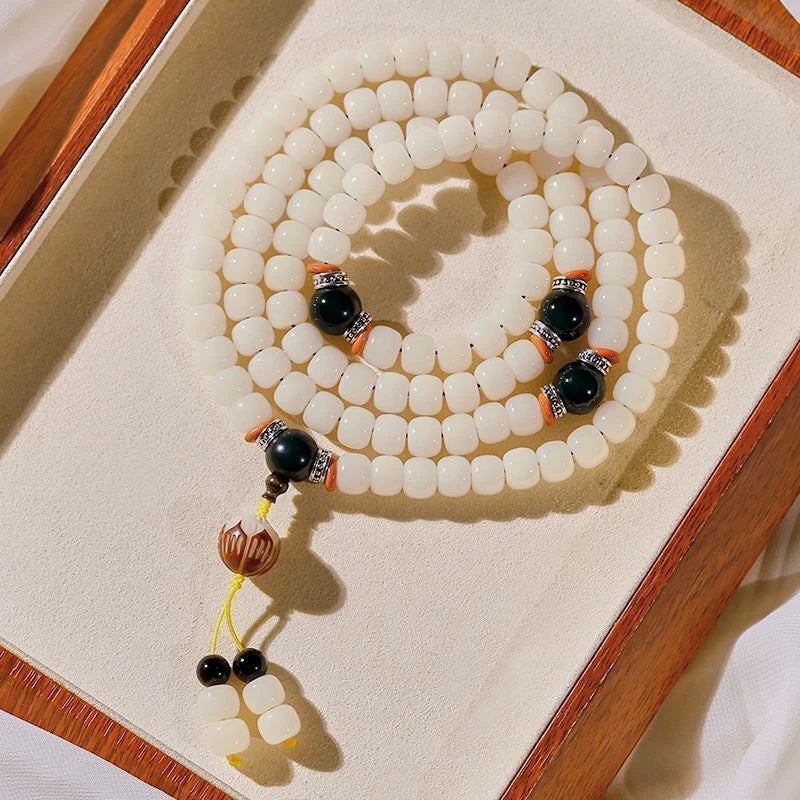 White Jade Bodhi Root 108 Bodhi Beads Rosary Beads Buddha Beads Bracelet 07FC0E-D4 - KOEEK